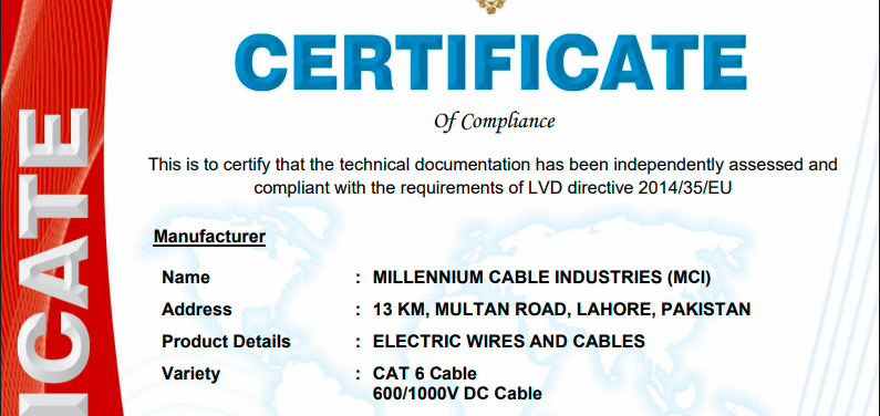 CE Certificate of Compliance – LVD Directive 2014/35/EU